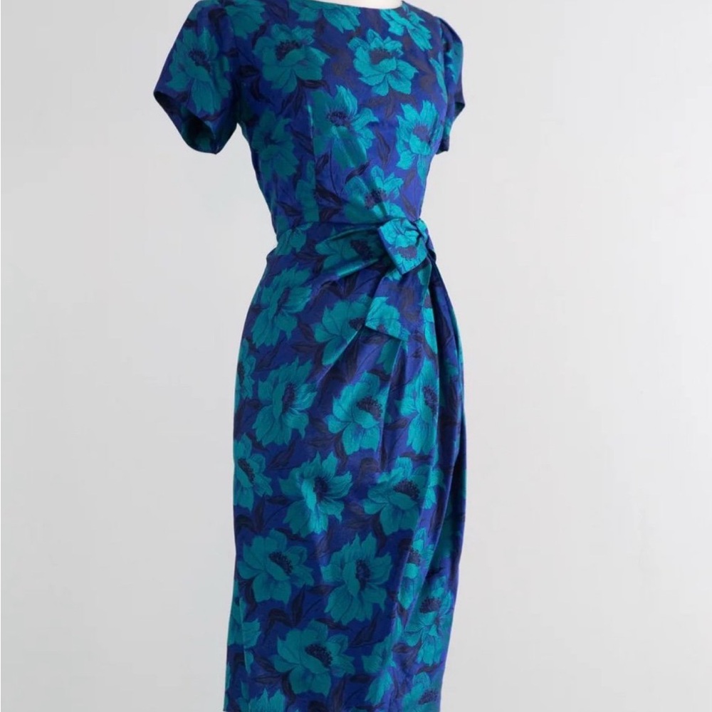 1950's Brilliant Blue & Green Floral Silk Brocade Cocktail Dress - Picture 2 of 6
